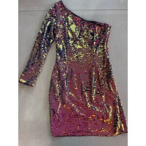 Aidan Mattox Iridescent Sequin One Shoulder Mini Cocktail Dress mermaidcore